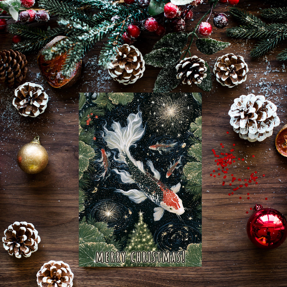 Koi Fish Christmas Card, Japanese Christmas Card, Koi Pond Holiday Card, Japanese Art Xmas Card, Goldfish Christmas Gift, Zen Card
