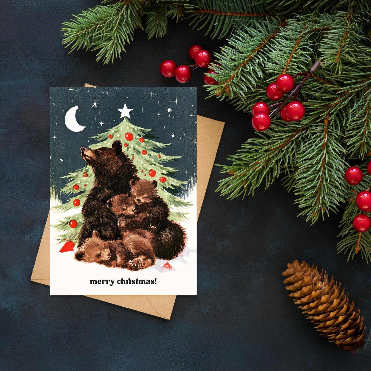 Bear Christmas Card, Woodland Christmas Card, Family Christmas Greeting, Cute Bear Holiday Card, Rustic Christmas Gift, Winter Animal Card