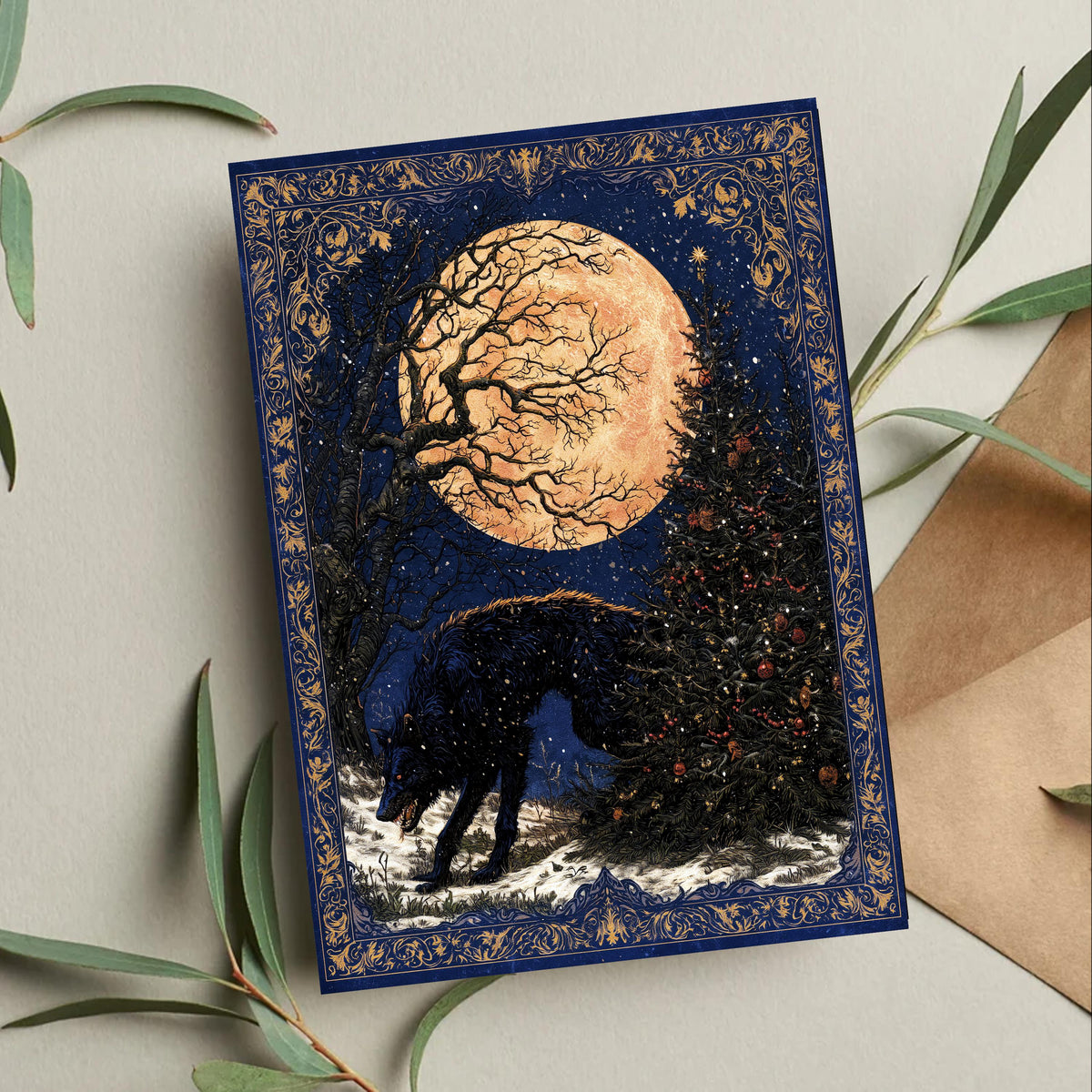 Wolf Christmas Card, Gothic Wolf Art, Winter Wolf Christmas, Dark Christmas Decor, Moonlit Wolf Art, Woodland Holiday Gift