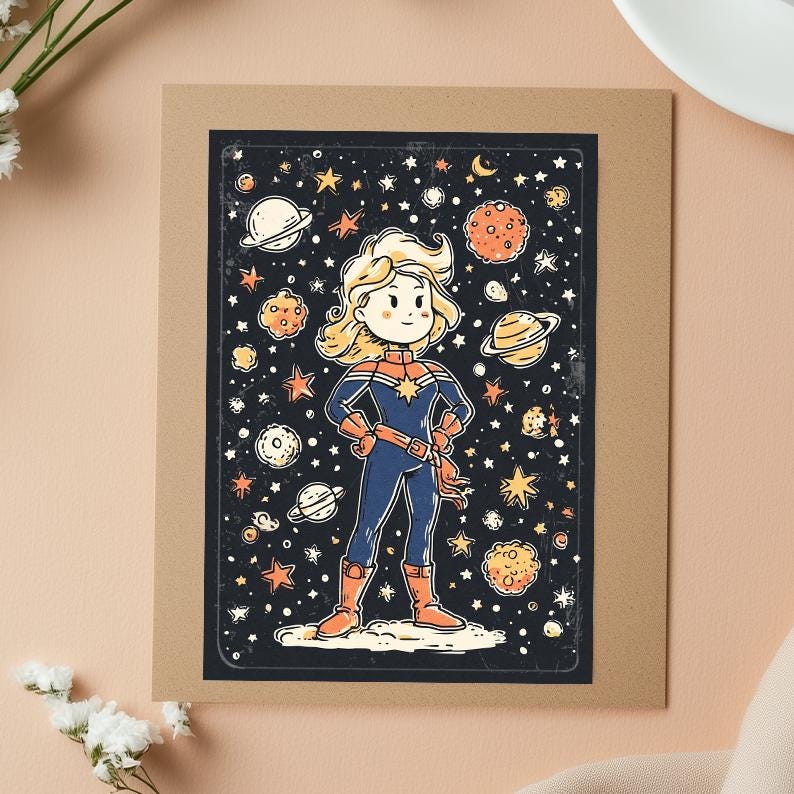 Captain Marvel Birthday Card | Cosmic Superhero Art