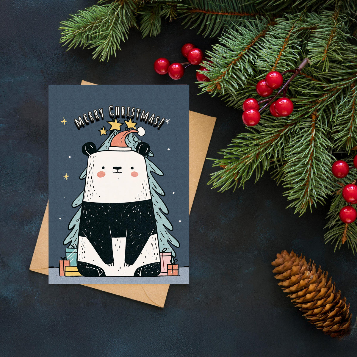 Panda Christmas Card, Cute Panda Xmas Card, Kawaii Christmas Card, Panda Holiday Greeting, Cute Animal Christmas Gift
