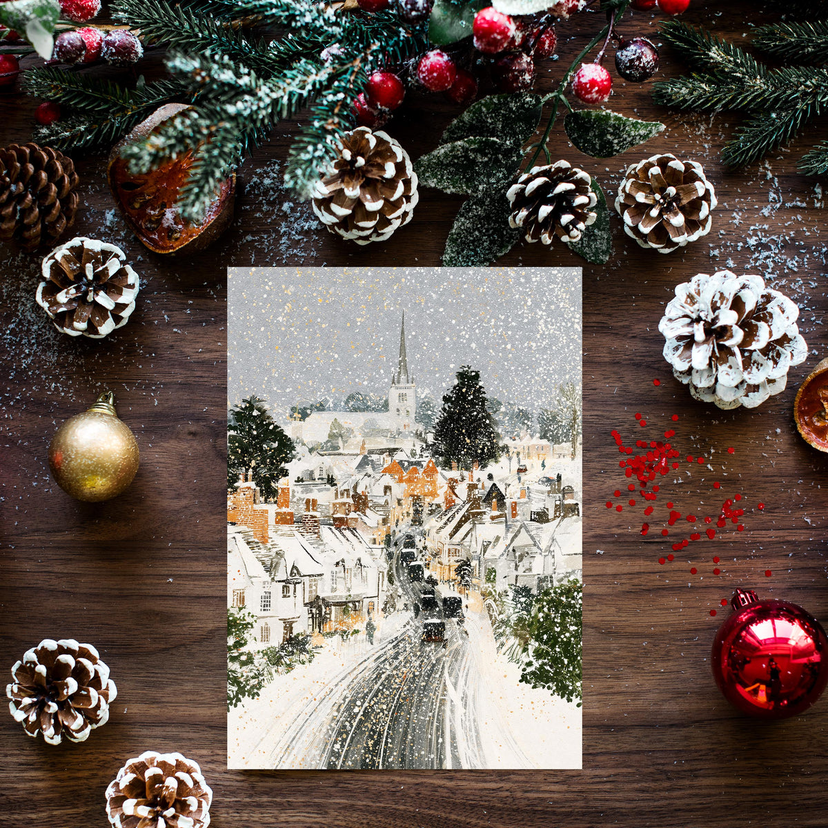Vintage Winter Village Christmas Card, Snowy Christmas Town Greeting Card, Traditional Holiday Card, Cozy Winter Scene, Christmas Card