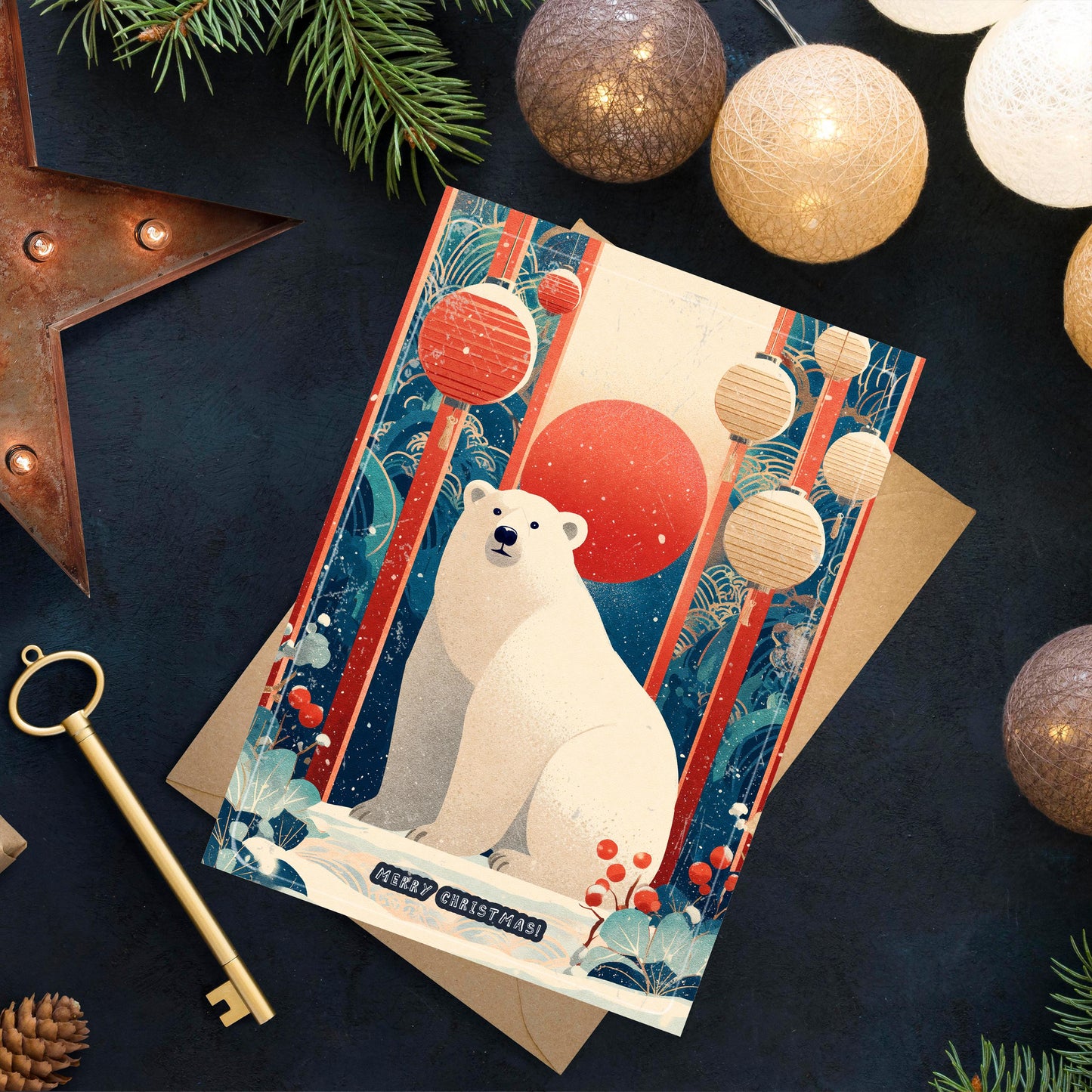 Polar Bear Christmas Card | Japanese Art Style Holiday Greeting