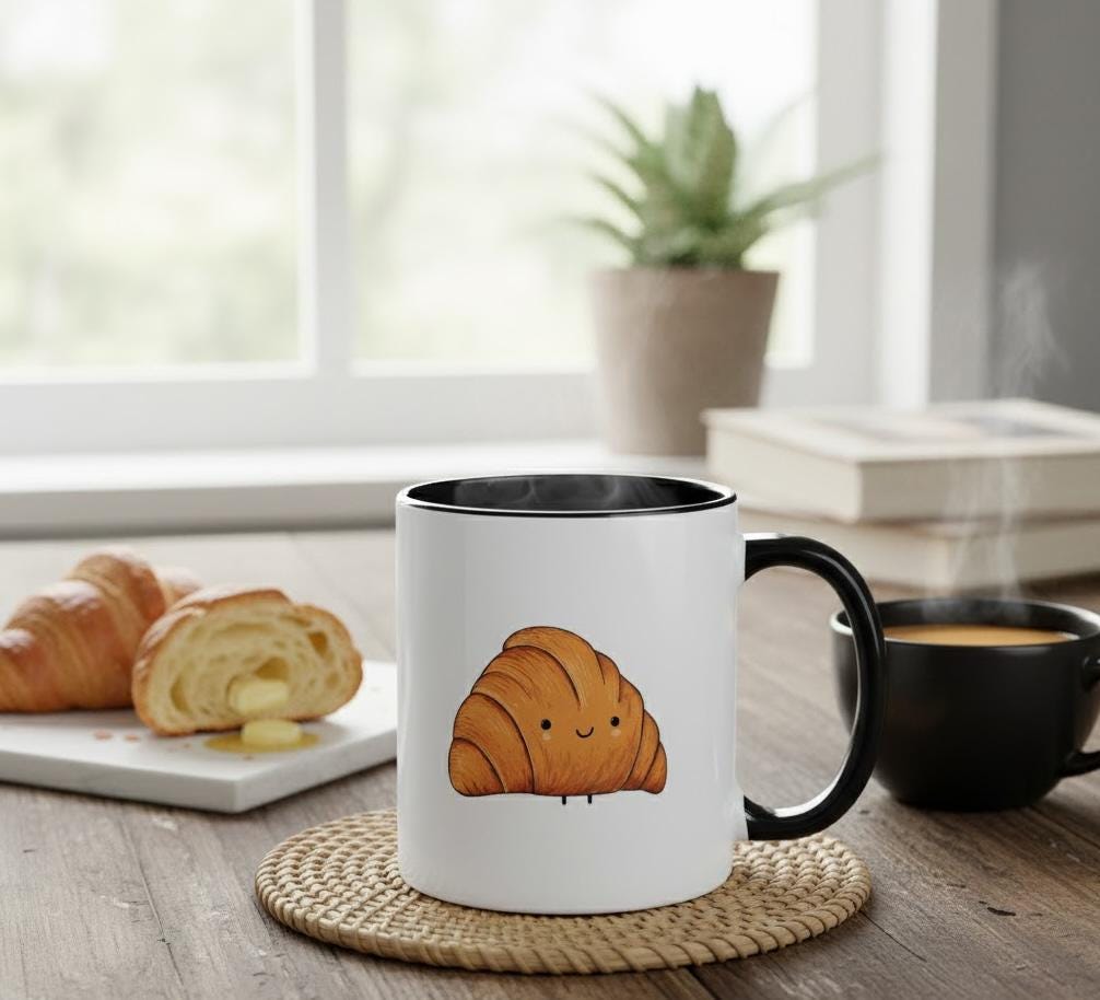 Cute Croissant Mug – 11oz Ceramic Coffee Cup | Kawaii Breakfast Gift | Funny Foodie Mug | Pastry Lover Kitchen Drinkware