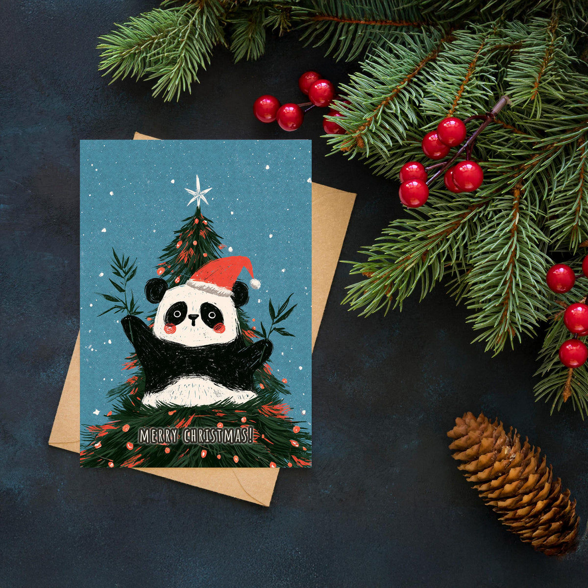 Panda Christmas Card, Cute Panda Xmas Card, Kawaii Christmas Card, Panda Holiday Greeting, Cute Animal Christmas Gift