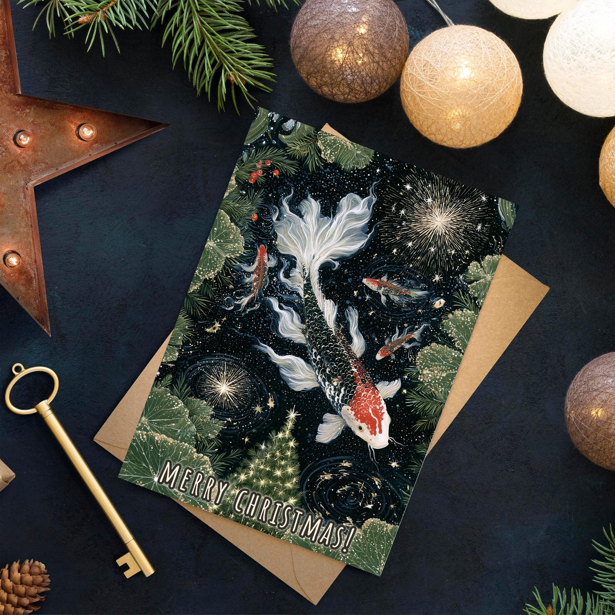 Koi Fish Christmas Card, Japanese Christmas Card, Koi Pond Holiday Card, Japanese Art Xmas Card, Goldfish Christmas Gift, Zen Card