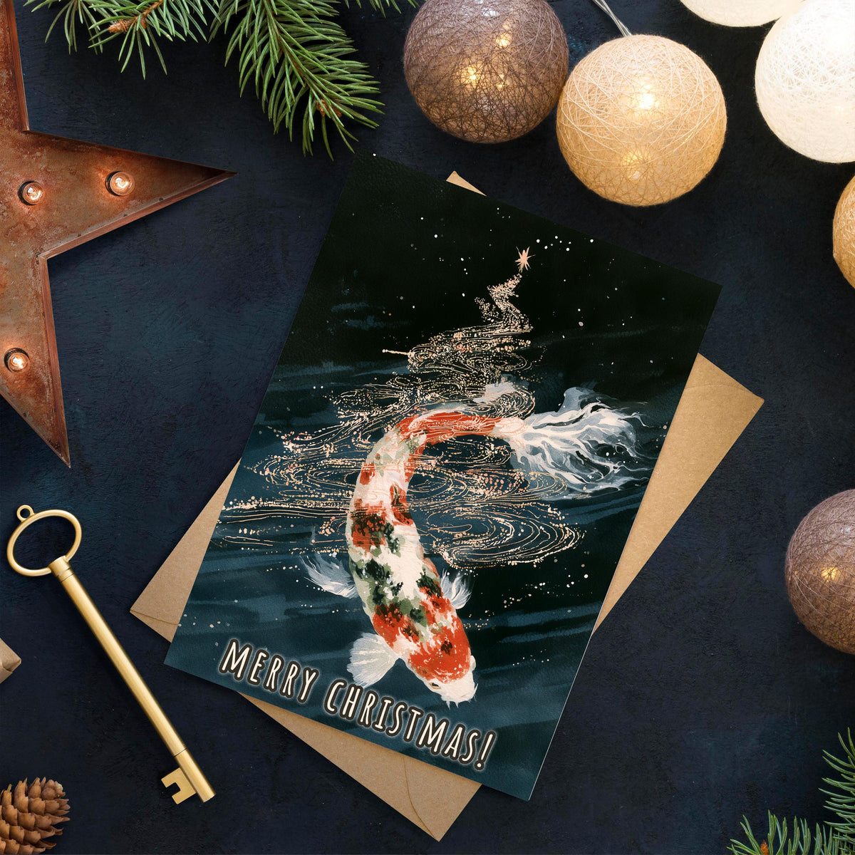 Koi Fish Christmas Card, Japanese Christmas Card, Koi Pond Holiday Card, Japanese Art Xmas Card, Goldfish Christmas Gift, Zen Card
