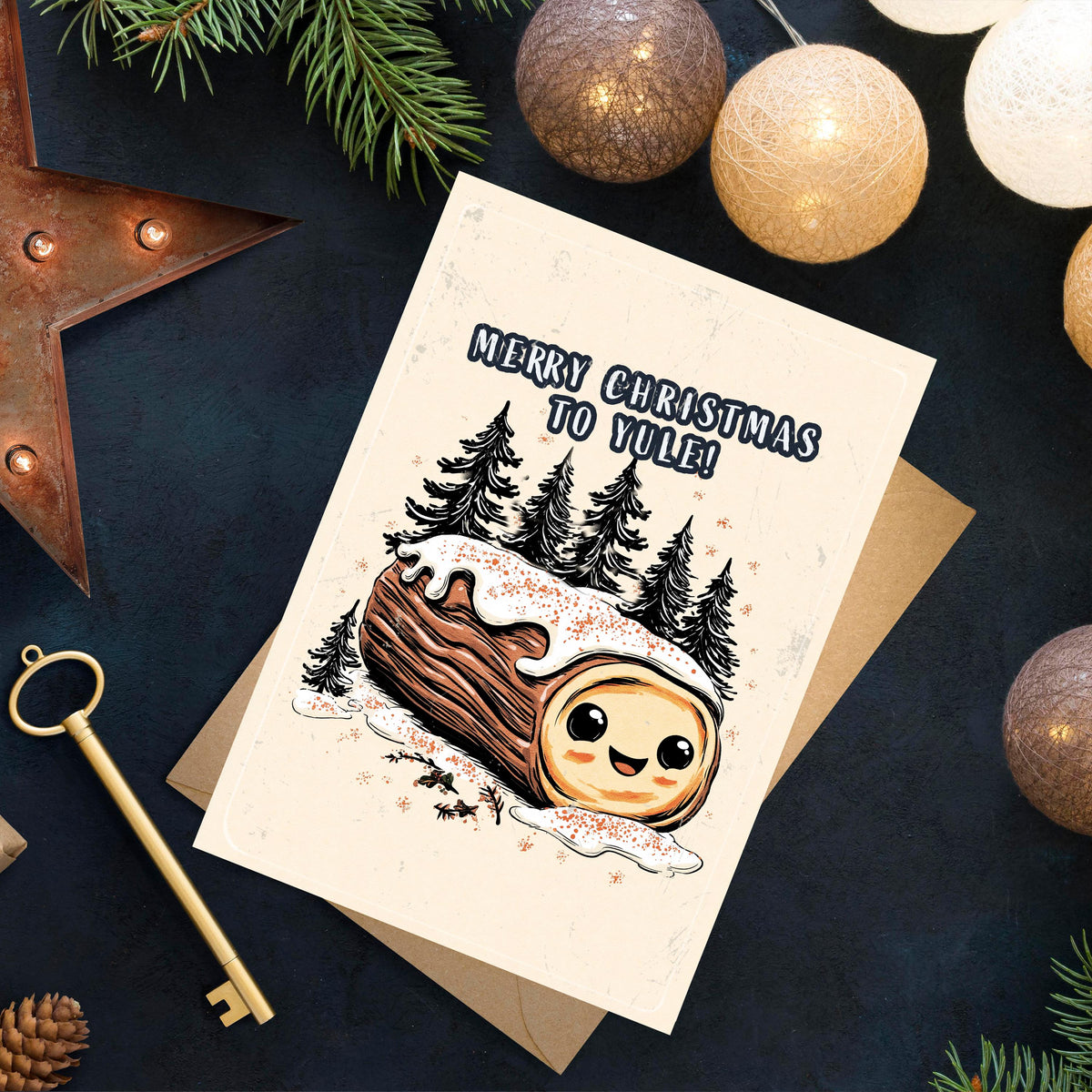 Funny Yule Log Christmas Card, Kawaii Pun Greeting