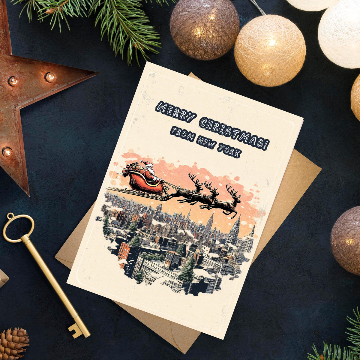 Santa Over New York Christmas Card • Holiday Greeting