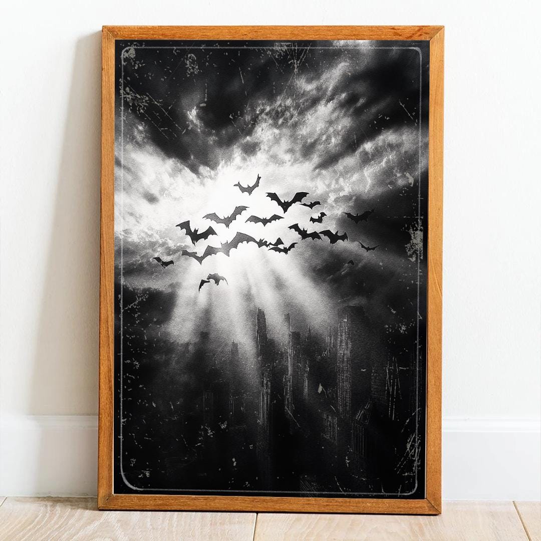 Dark Gothic City Poster: Noir Superhero, Bats Art Print