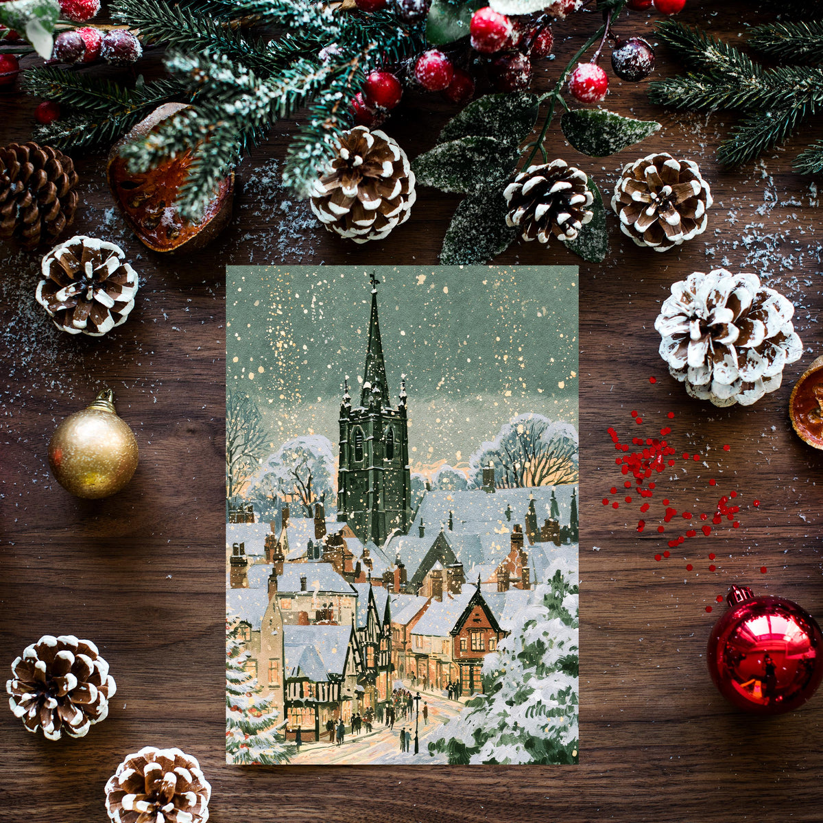 Vintage Winter Village Christmas Card, Snowy Christmas Town Greeting Card, Traditional Holiday Card, Cozy Winter Scene, Christmas Card