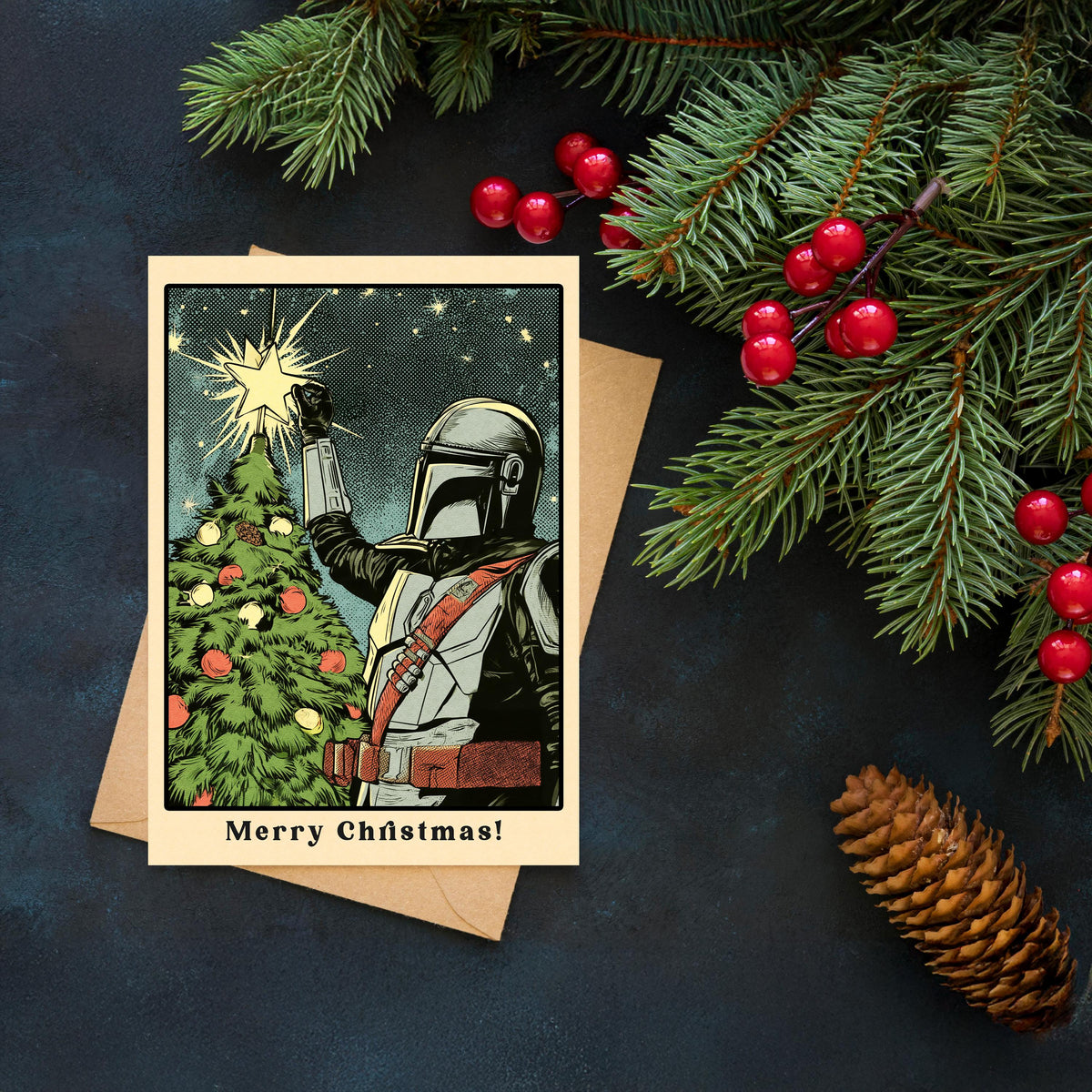 Mandalorian Christmas Card, Star Wars Christmas Card, Mando Holiday Card, Sci Fi Christmas Greeting, Funny Geeky Christmas Gift