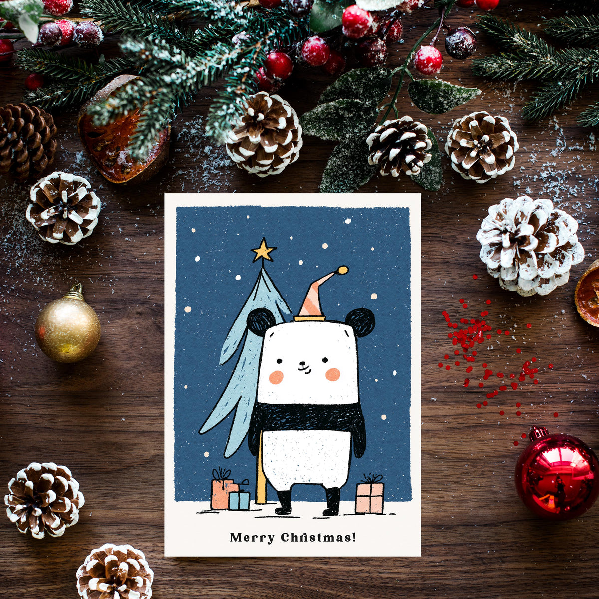 Panda Christmas Card, Cute Panda Xmas Card, Kawaii Christmas Card, Panda Holiday Greeting, Cute Animal Christmas Gift