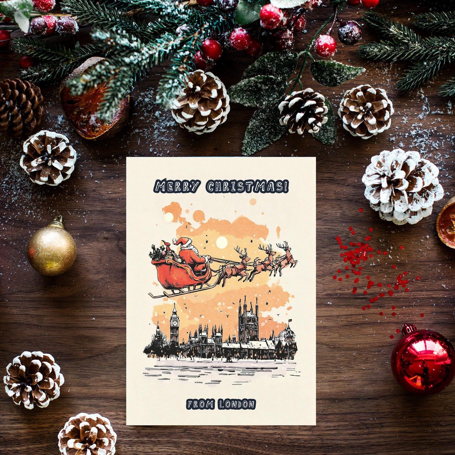 London Christmas Card • Santa Over Big Ben, UK Holiday