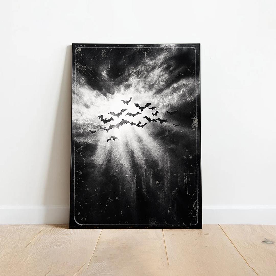 Dark Gothic City Poster: Noir Superhero, Bats Art Print
