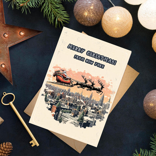 Santa Over New York Christmas Card • Holiday Greeting