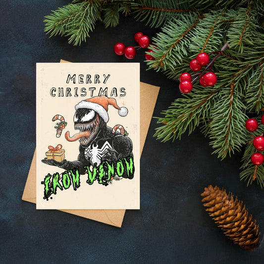 Funny Venom Christmas Card – Marvel Inspired Holiday Greeting – Geeky Superhero Xmas Card for Him or Her - spiderman card
