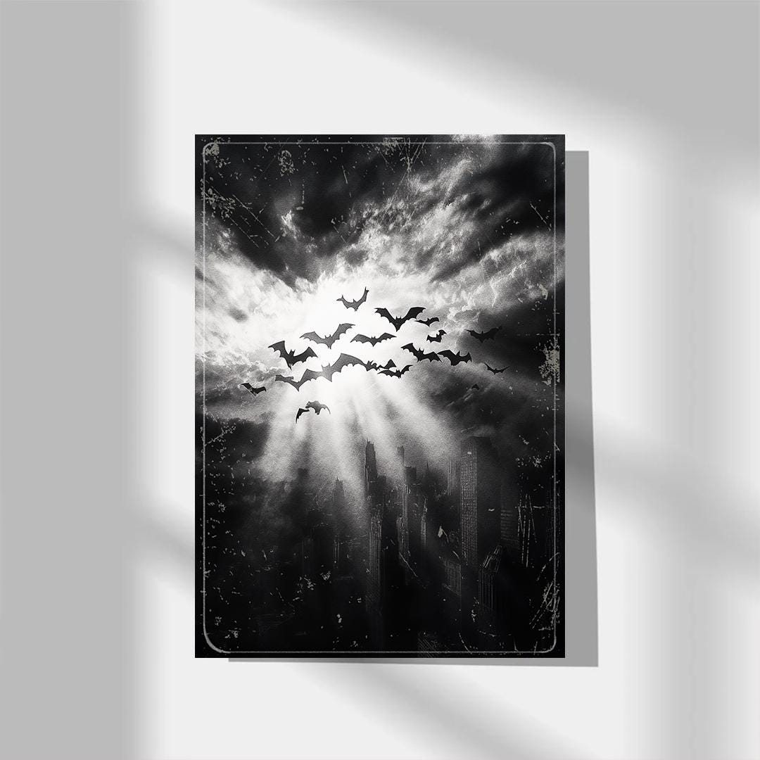 Dark Gothic City Poster: Noir Superhero, Bats Art Print