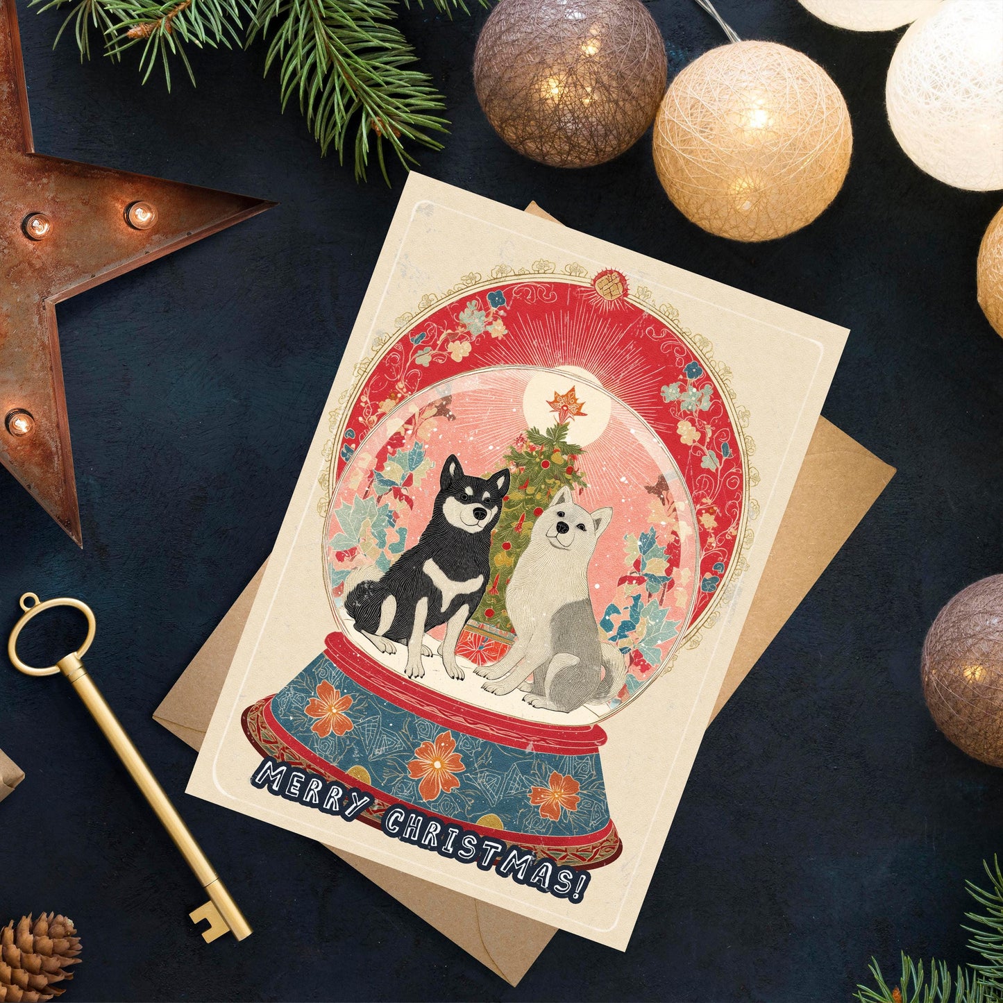 Dog Snow Globe Christmas Card | Japanese Art Holiday Greeting