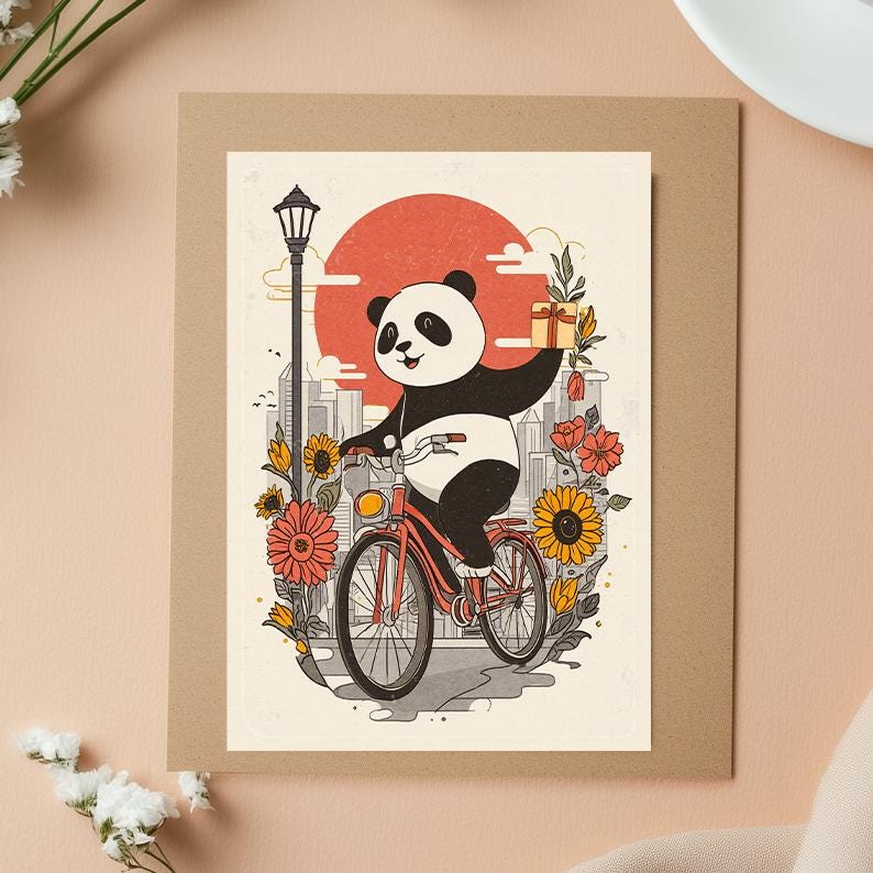 Panda Birthday Card – Cute Animal on Bicycle, Funny Birthday Card, Panda art, Nature Lover Birthday Card, gift for him, gift for her