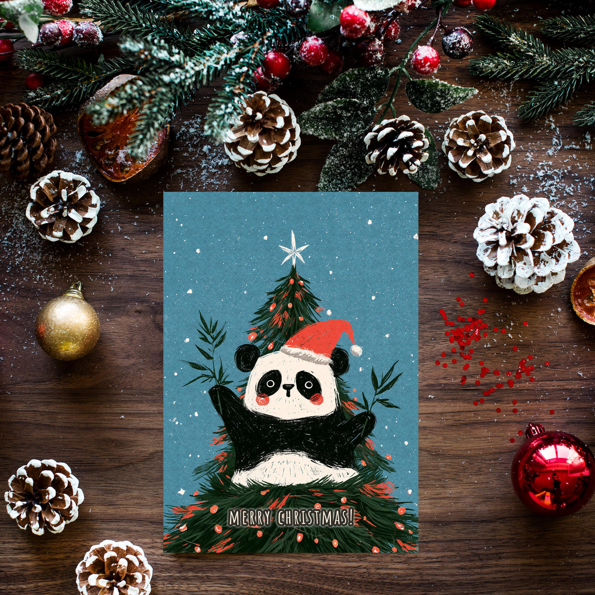 Panda Christmas Card, Cute Panda Xmas Card, Kawaii Christmas Card, Panda Holiday Greeting, Cute Animal Christmas Gift