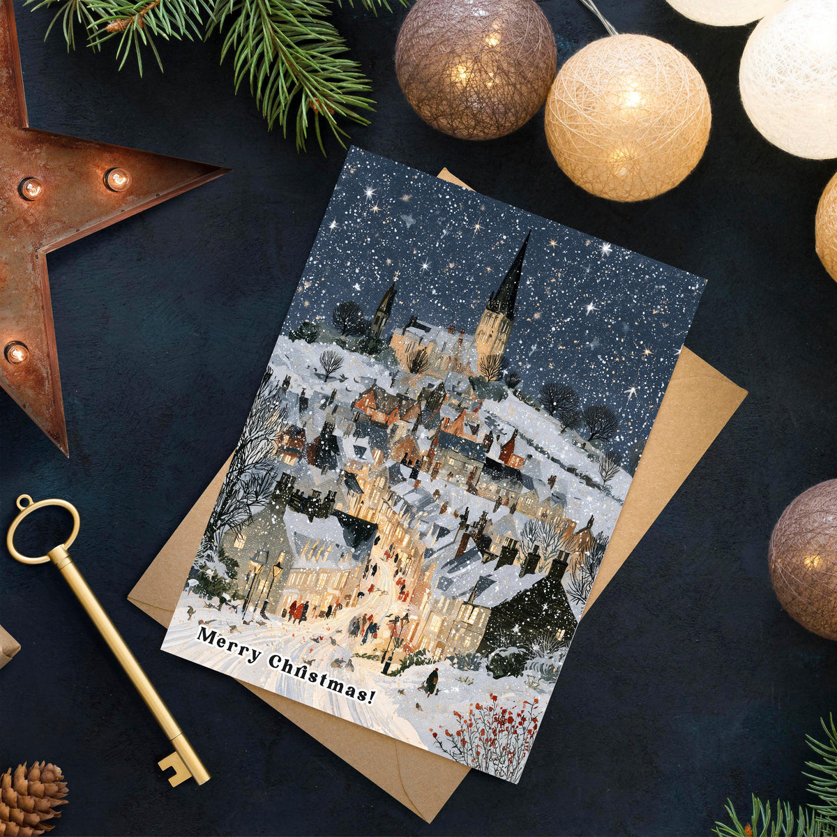 Vintage Winter Village Christmas Card, Snowy Christmas Town Greeting Card, Traditional Holiday Card, Cozy Winter Scene, Christmas Card