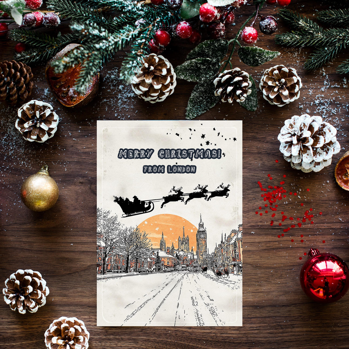 Santa Over London Christmas Card • UK Holiday Greeting