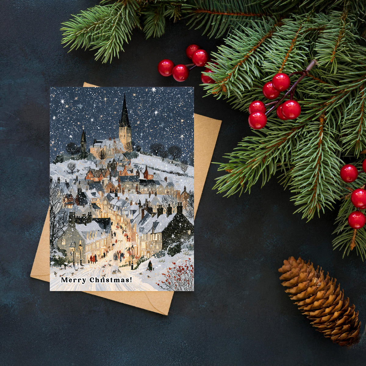 Vintage Winter Village Christmas Card, Snowy Christmas Town Greeting Card, Traditional Holiday Card, Cozy Winter Scene, Christmas Card