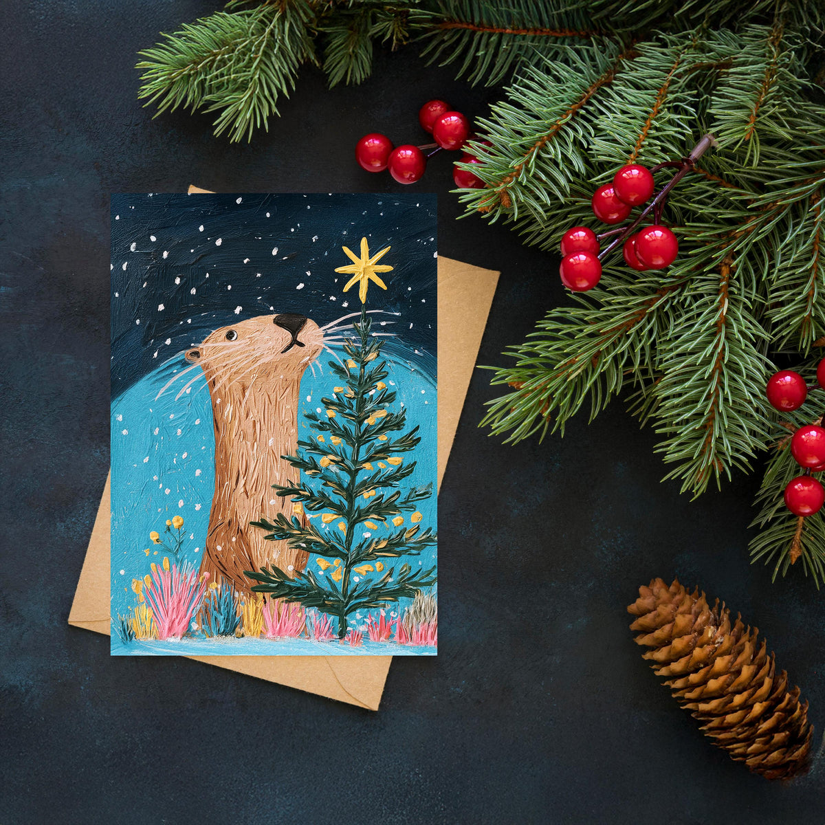 Otter Christmas Card, Cute Otter Christmas Greeting, Woodland Christmas Card, Christmas Animal Card, Winter Otter Gift, Nature Lover Gift