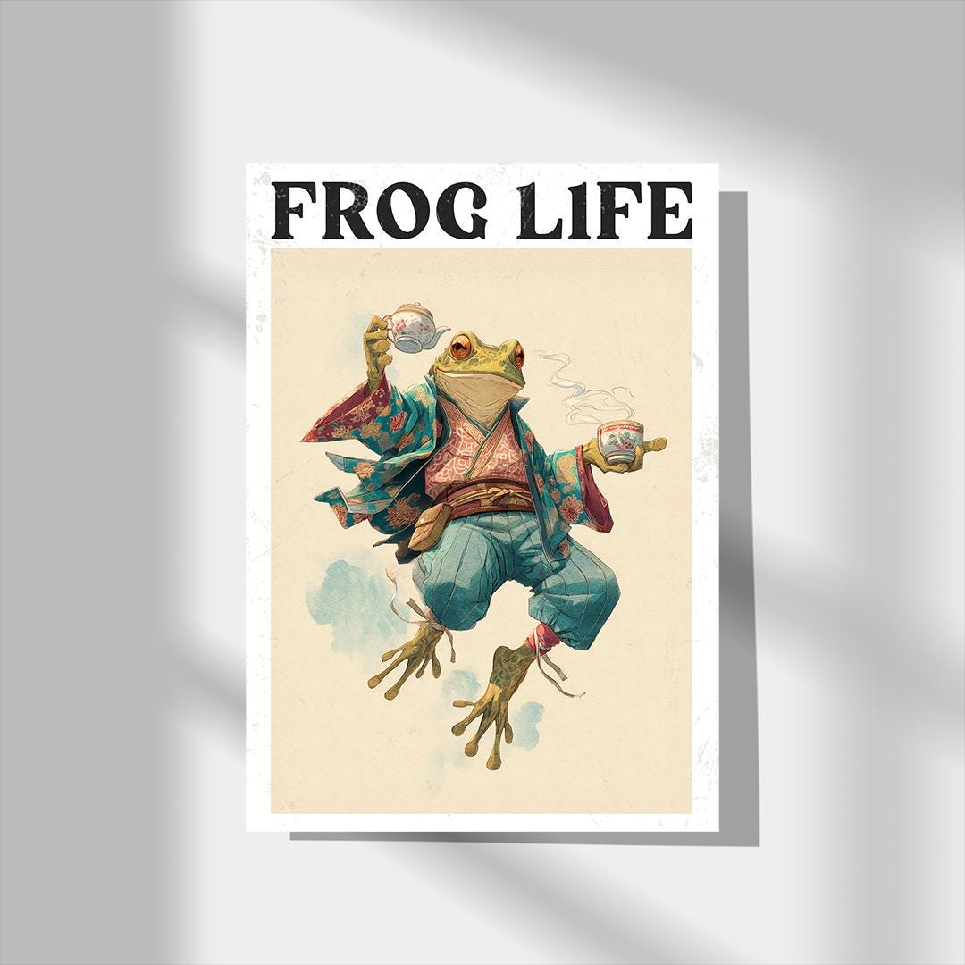 Japanese Frog Print: Zen Tea Ceremony, Whimsical Wall Art