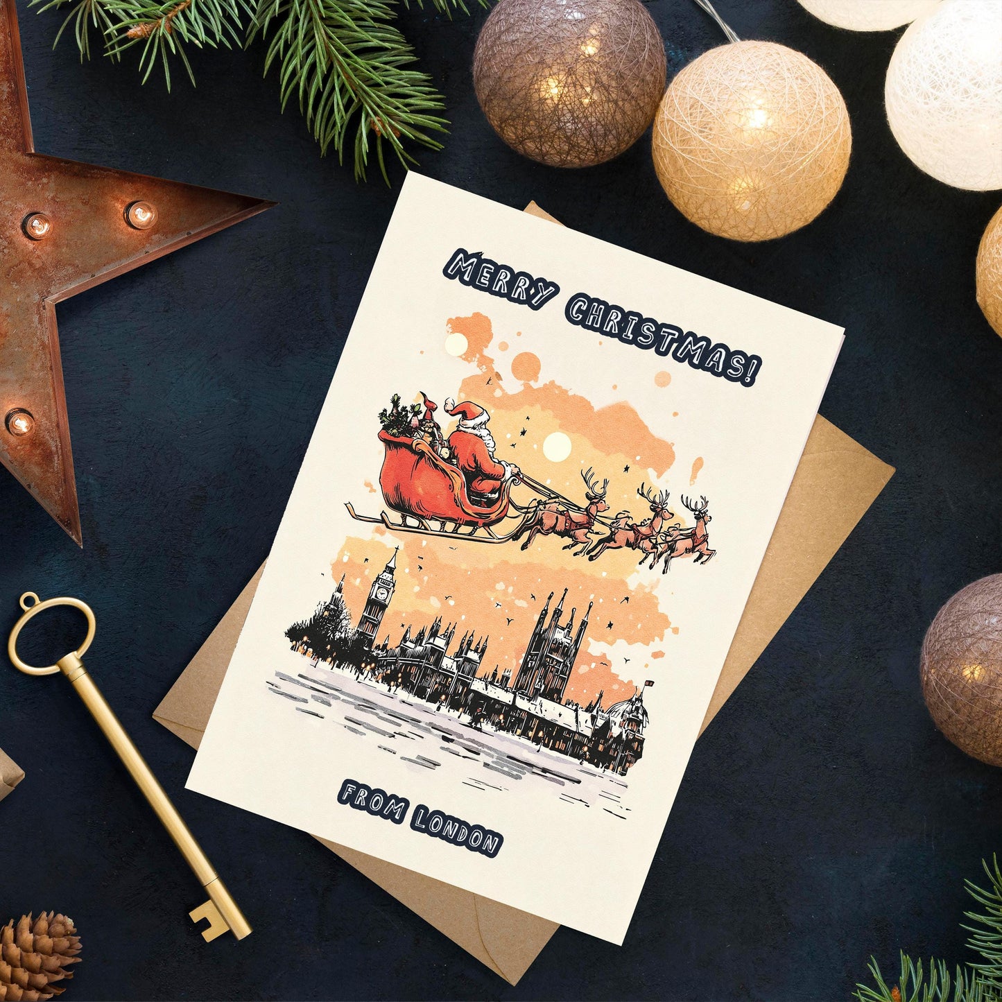 London Christmas Card • Santa Over Big Ben, UK Holiday