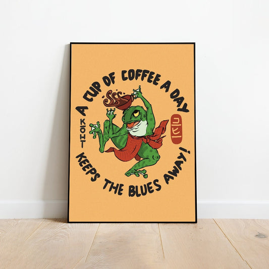 Japanese Frog Print, Japanese poster, Coffee print, Vintage Japanese Decor, Funny Animal Poster, Frog Poster, Japanese Art