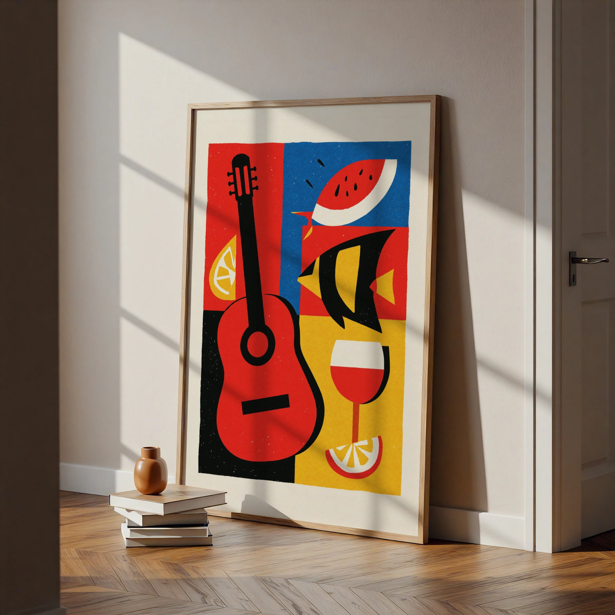 Spanish Tapas Retro Poster, Guitar Wine Fish Art Print, Bold Colour Kitchen Wall Decor