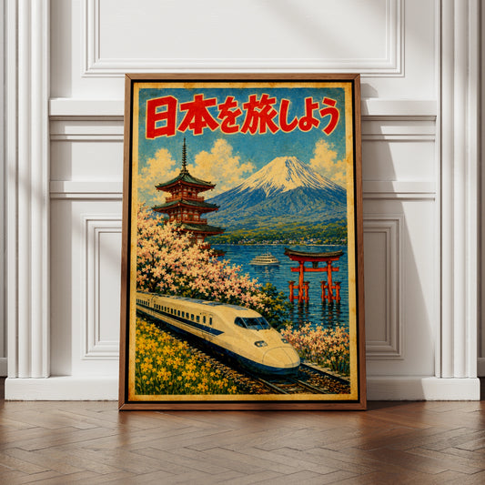 Japan Travel Poster, Vintage Shinkansen Mount Fuji Cherry Blossom Wall Art Print