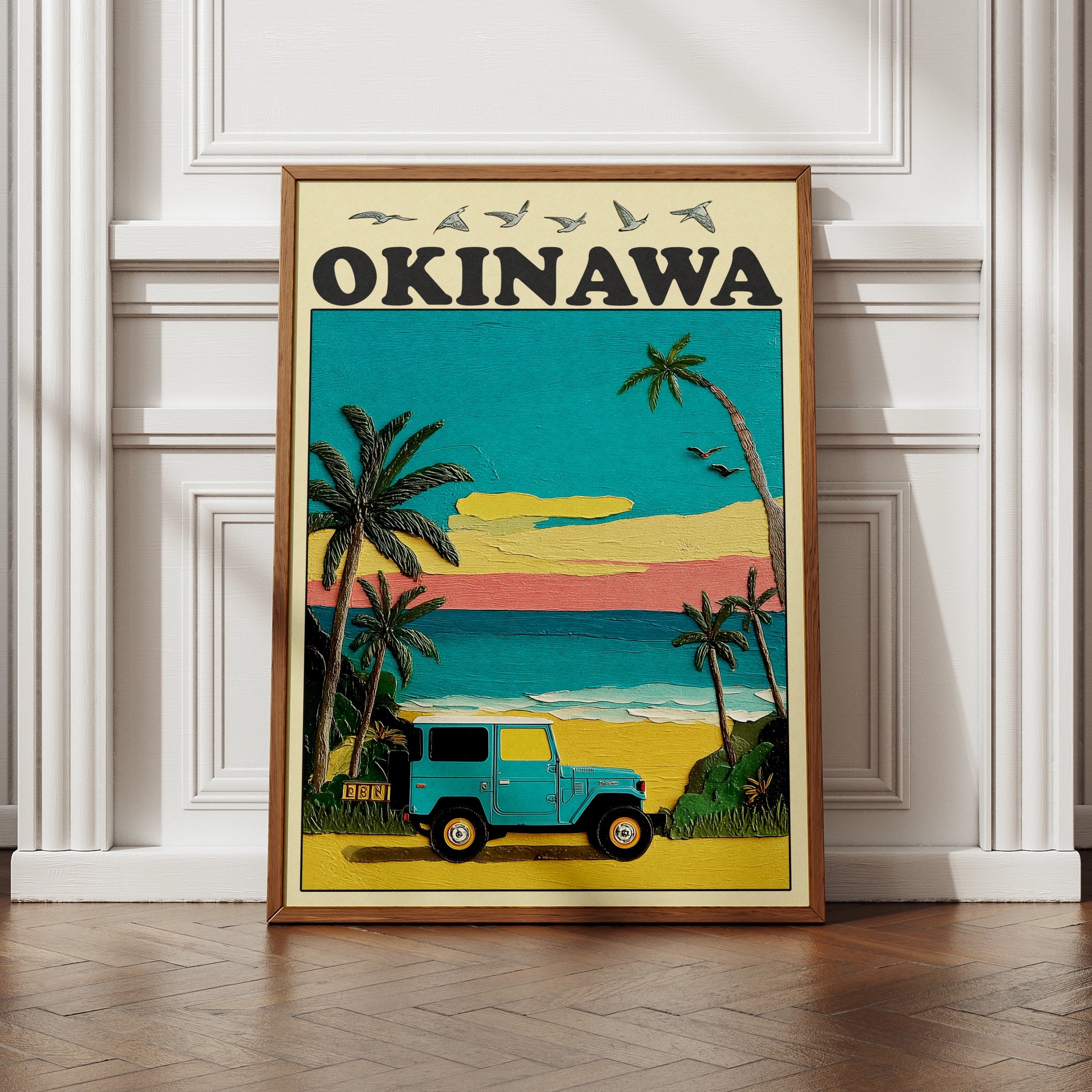 Okinawa Travel Poster, Japan Beach Print, Retro Jeep Wall Art, Vintage Tropical