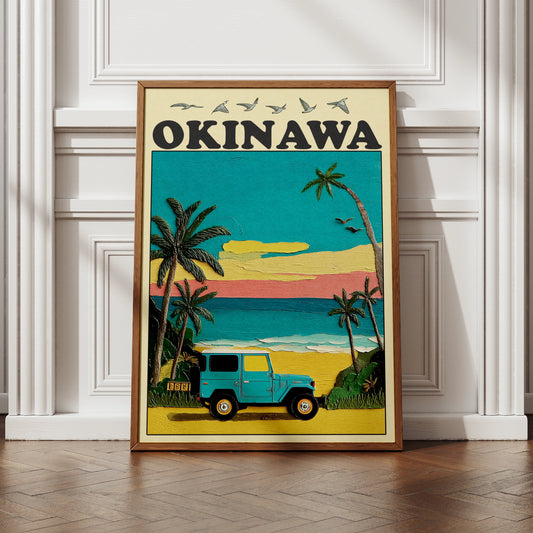 Okinawa Travel Poster, Japan Beach Print, Retro Jeep Wall Art, Vintage Tropical