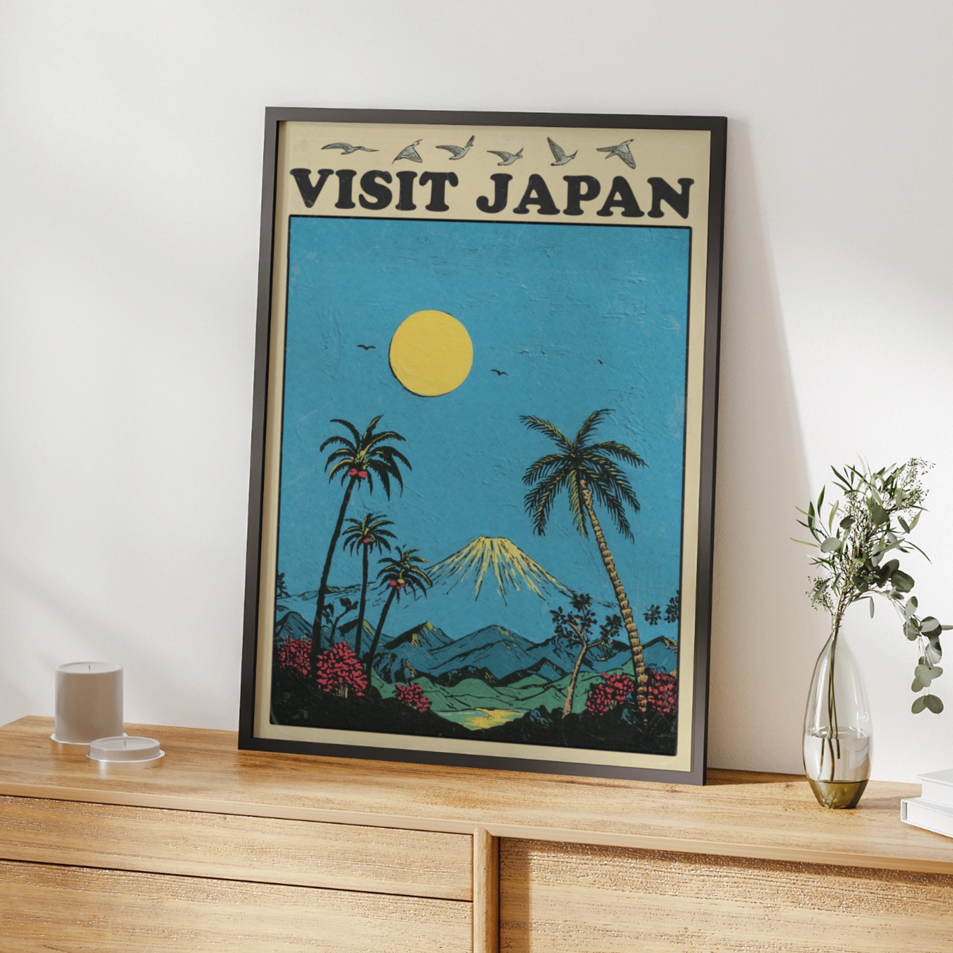 Visit Japan Travel Poster, Mount Fuji Retro Wall Art, Vintage Japan Print, Tropical Blue