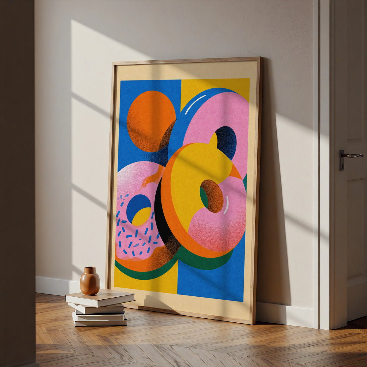Donut Wall Art, Colourful Food Poster, Bold Retro Kitchen Print, Pink Blue Yellow Decor