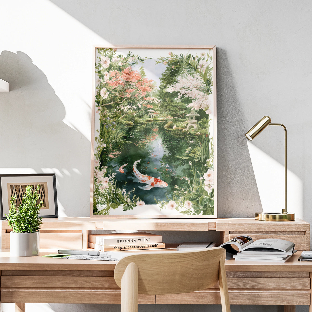 Japanese Koi Garden Poster, Watercolour Koi Pond Print, Zen Wall Art, Floral