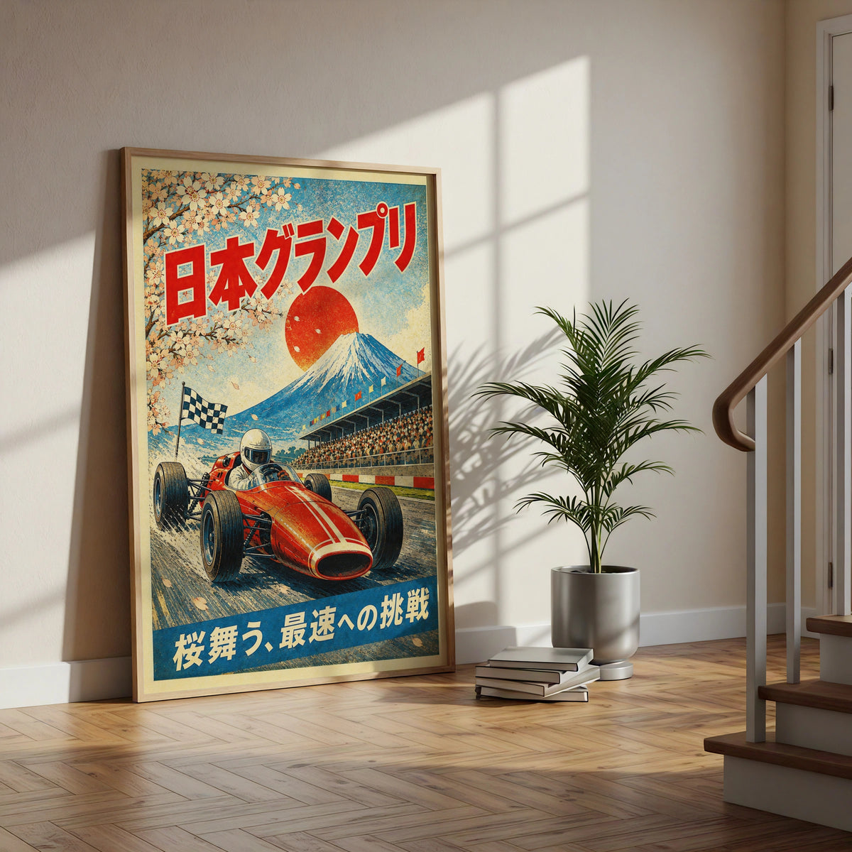 F1 Japan Grand Prix Vintage Poster, Retro Racing Wall Art, Mount Fuji Cherry Blossom Print
