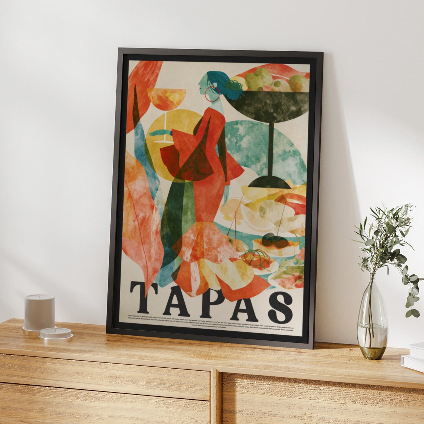 Tapas Wall Art Print, Spanish Food Poster, Retro Kitchen Decor, Colourful Dining Room