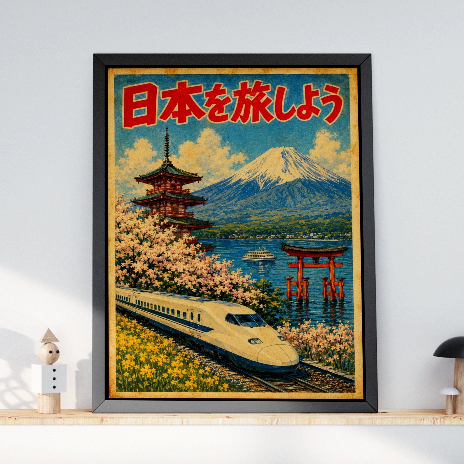Japan Travel Poster, Vintage Shinkansen Mount Fuji Cherry Blossom Wall Art Print