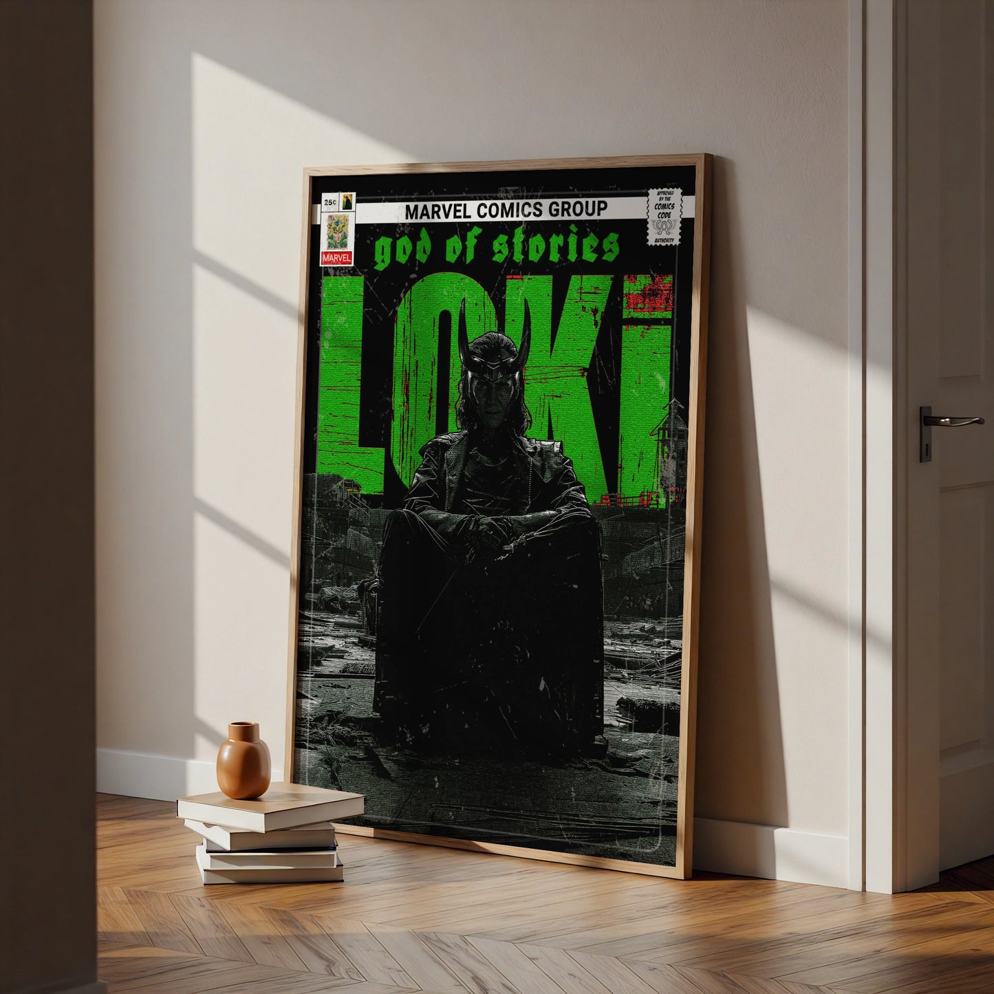 Loki God of Stories Poster, Marvel Comic Book Print, Green Black Wall Art