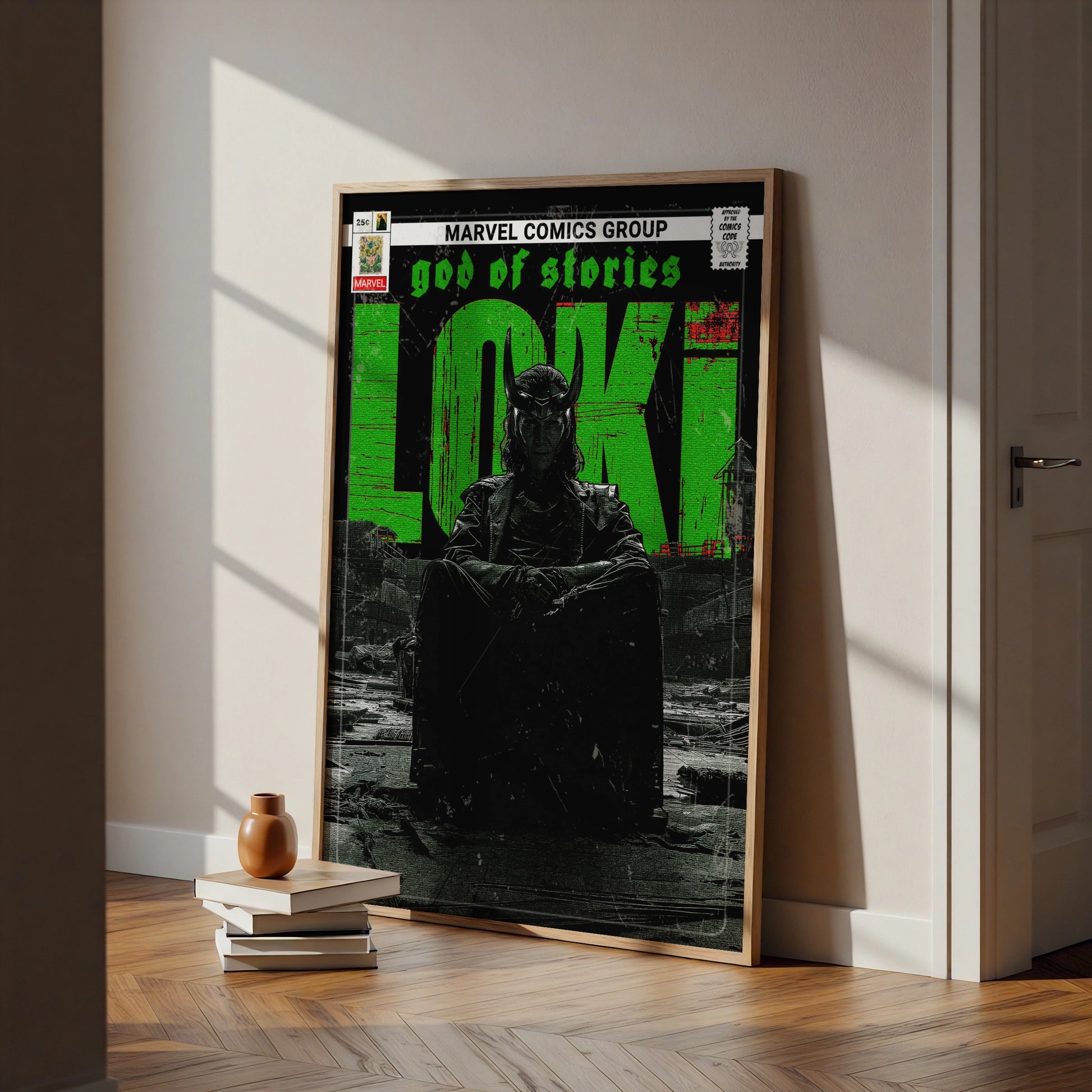 Loki God of Stories Poster, Marvel Comic Book Print, Green Black Wall Art