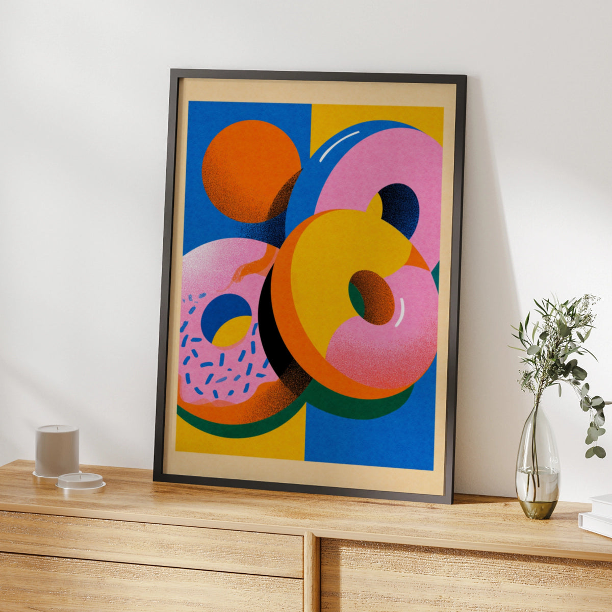 Donut Wall Art, Colourful Food Poster, Bold Retro Kitchen Print, Pink Blue Yellow Decor