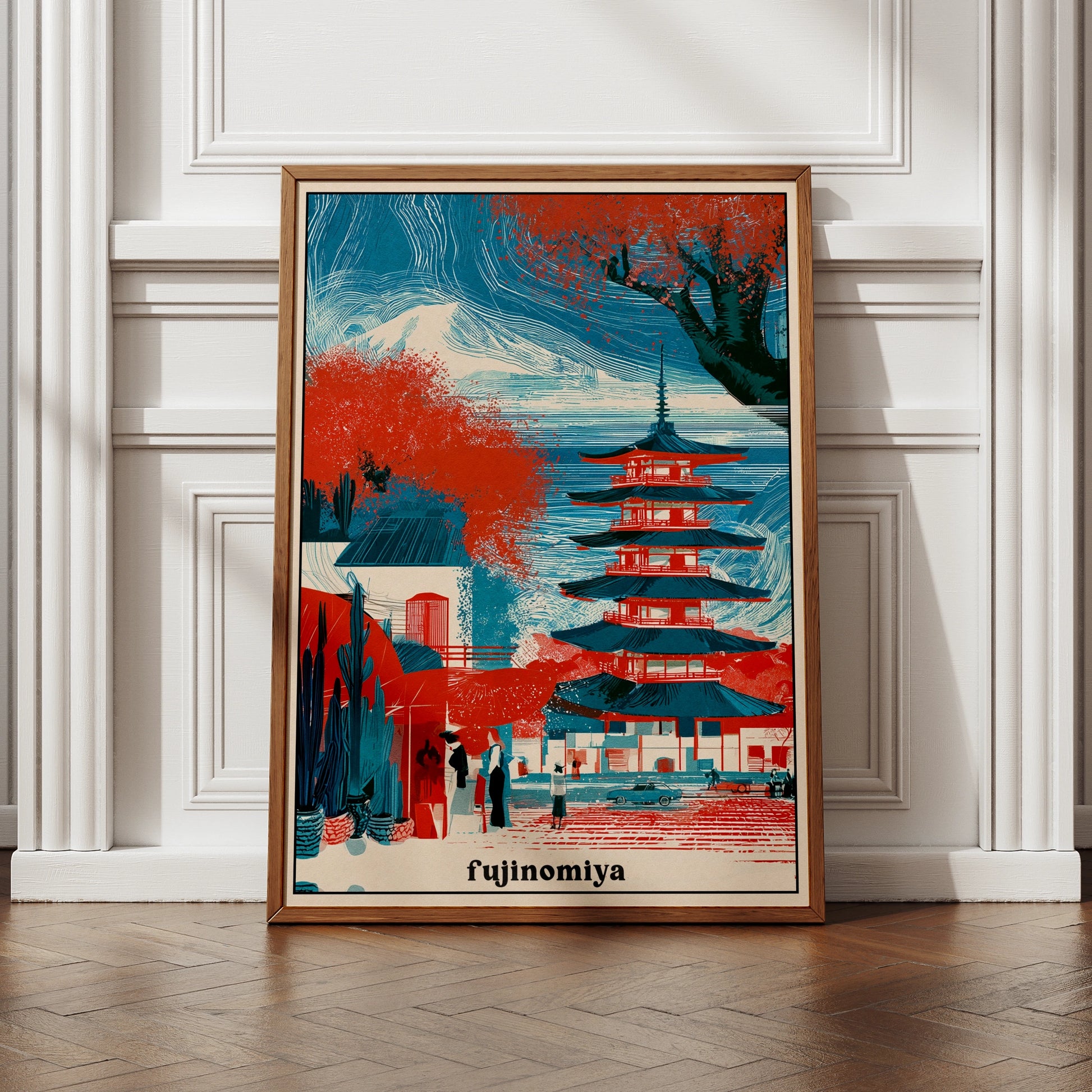 Fujinomiya Japan Travel Poster, Japanese Pagoda Wall Art, Mount Fuji Print, Red Blue