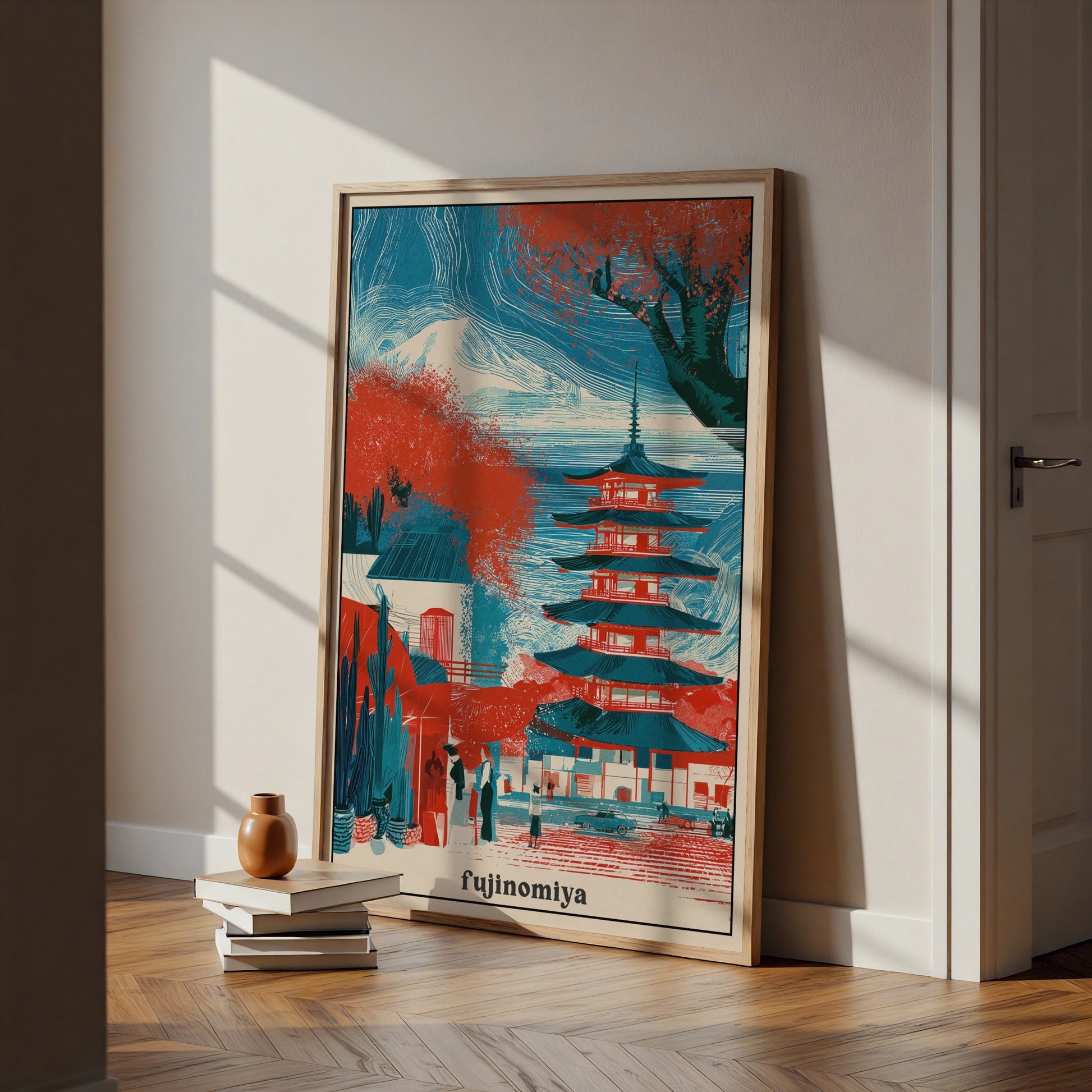 Fujinomiya Japan Travel Poster, Japanese Pagoda Wall Art, Mount Fuji Print, Red Blue
