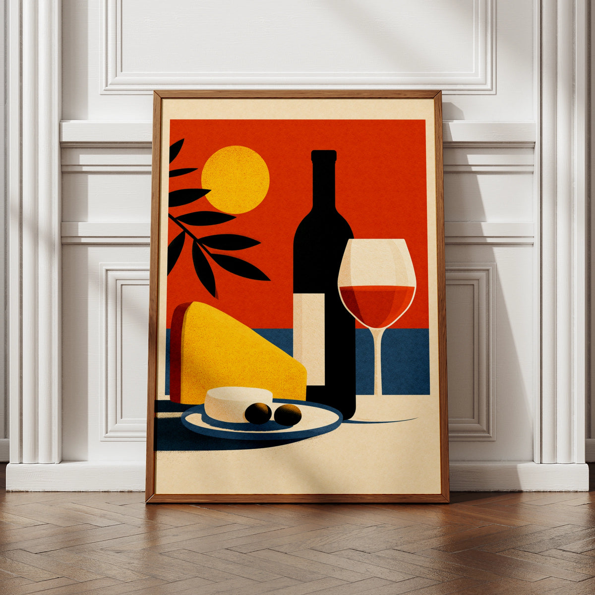 Italian Still Life Wine Poster, Cheese & Olives Wall Art, Retro Kitchen Print