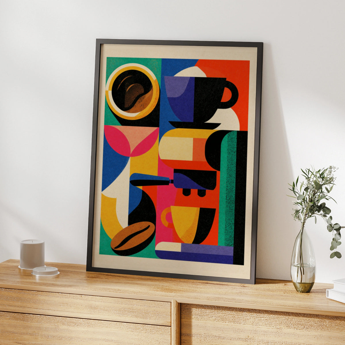 Colourful Coffee Art Print, Bold Geometric Espresso Poster, Kitchen Wall Decor