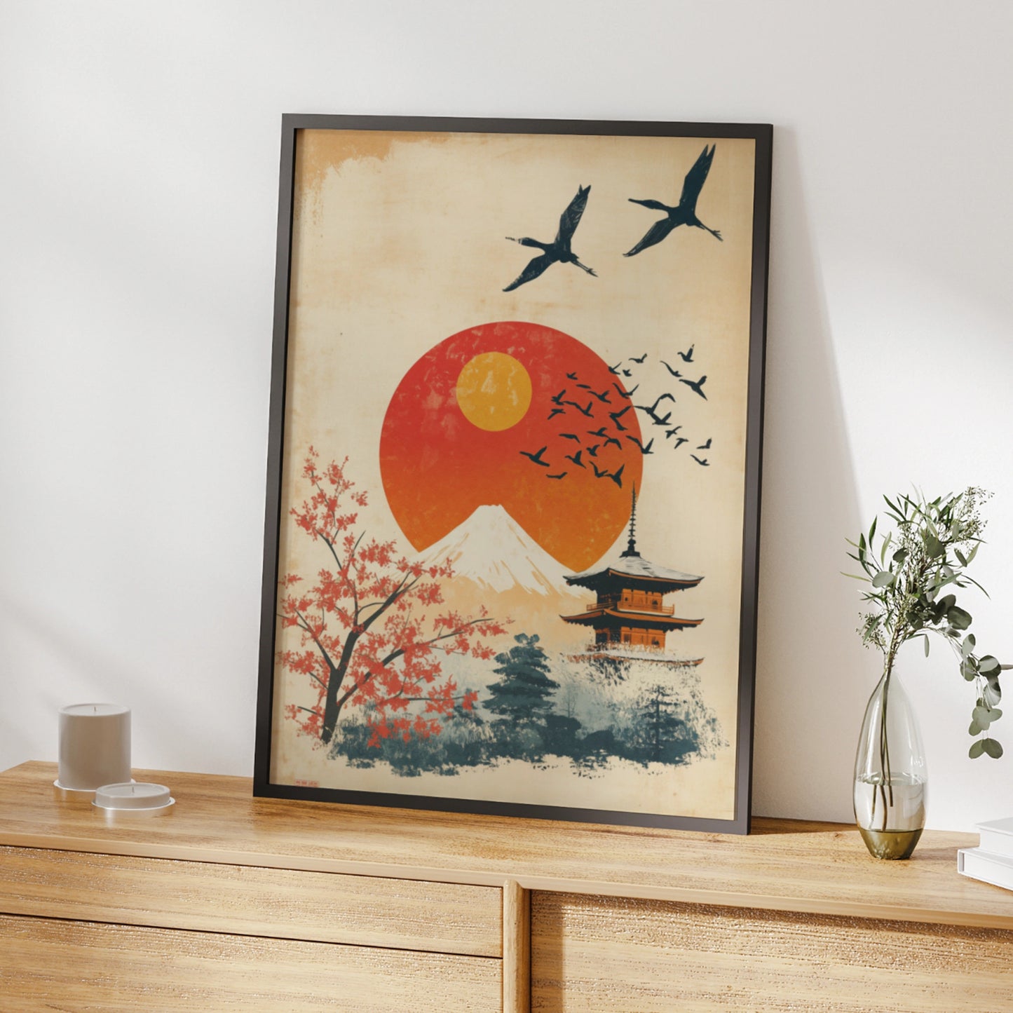 Japan Travel Poster, Mount Fuji Pagoda Wall Art, Vintage Japanese Sun Print